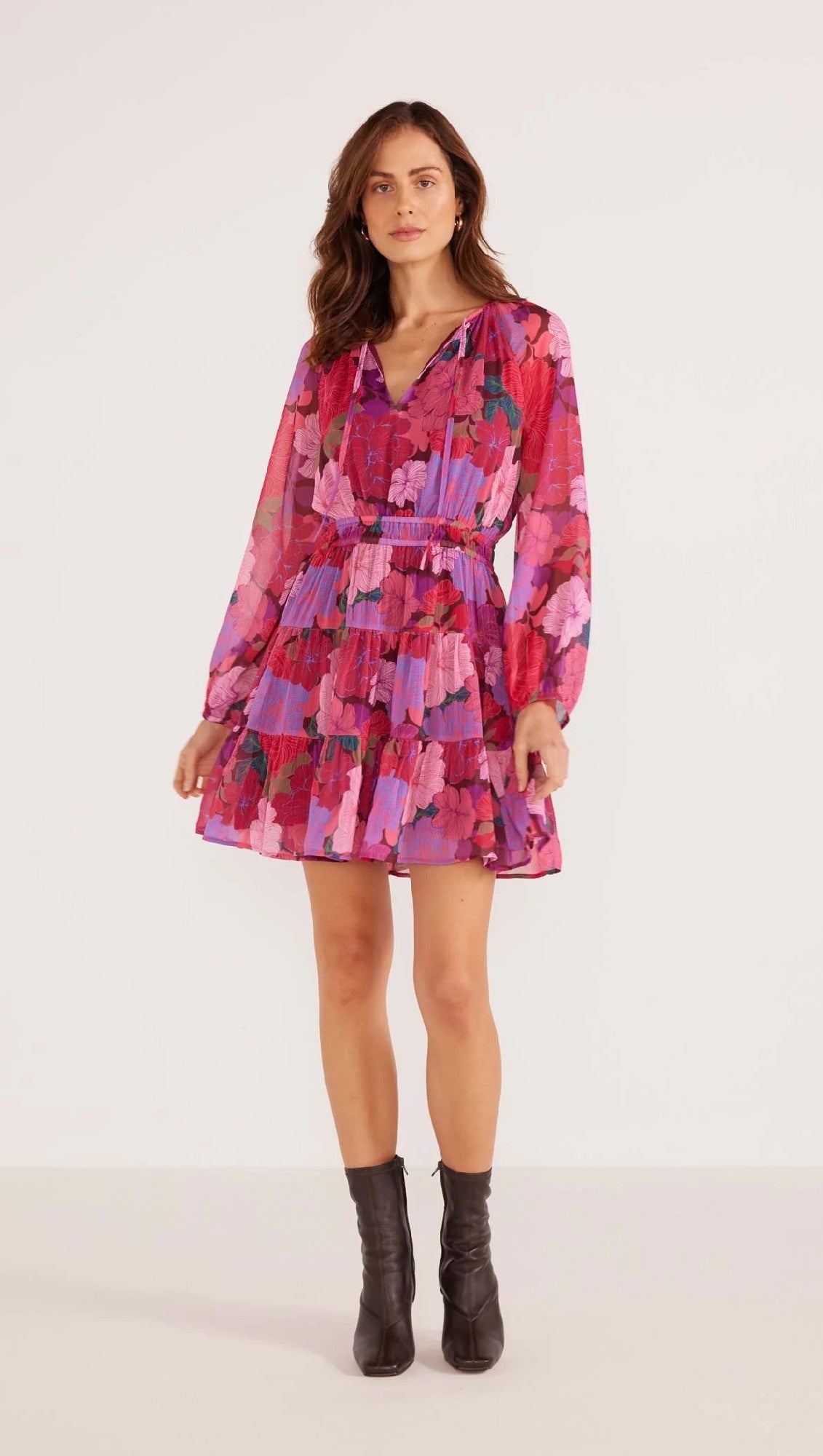 MinkPink Lexie Long Sleeve Mini Dress [COLOUR:Floral Blooms SIZE:S]