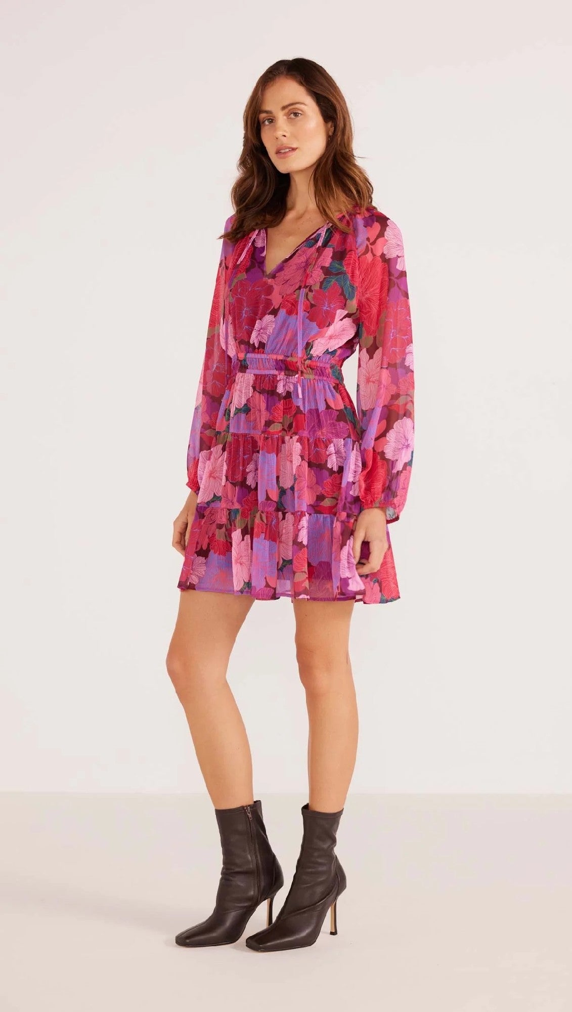 MinkPink Lexie Long Sleeve Mini Dress [COLOUR:Floral Blooms SIZE:S]