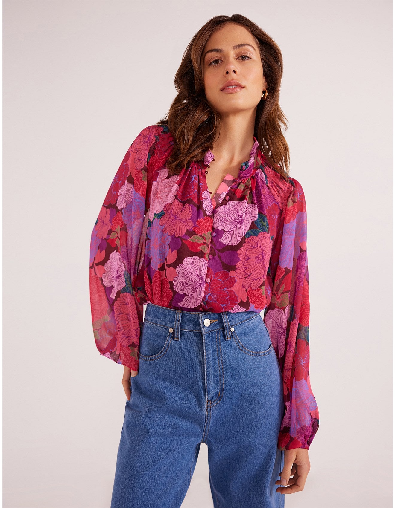 MinkPink Lexie Long Sleeve Blouse [COLOUR:Floral Blooms SIZE:S]