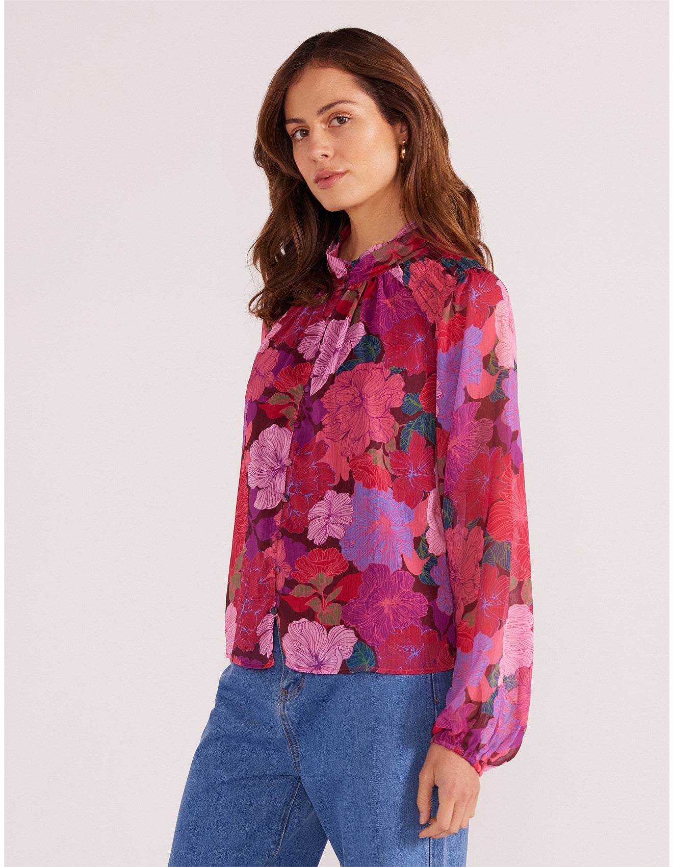 MinkPink Lexie Long Sleeve Blouse [COLOUR:Floral Blooms SIZE:S]