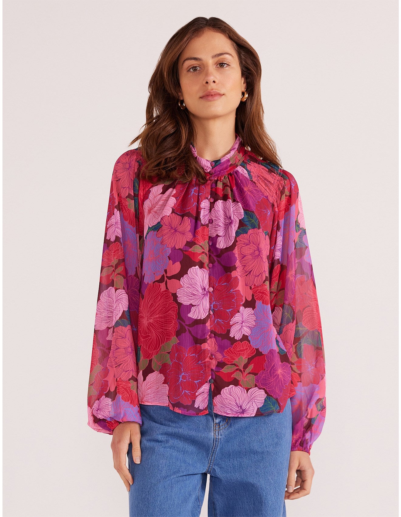 MinkPink Lexie Long Sleeve Blouse [COLOUR:Floral Blooms SIZE:S]