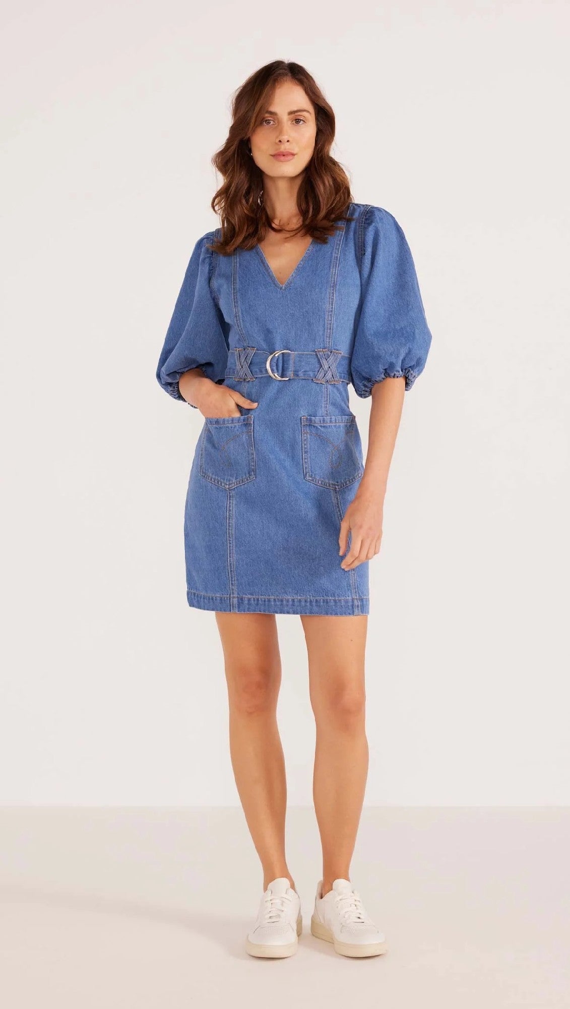 MinkPink Peyton Denim Mini Dress [COLOUR:Denim blue SIZE:S]