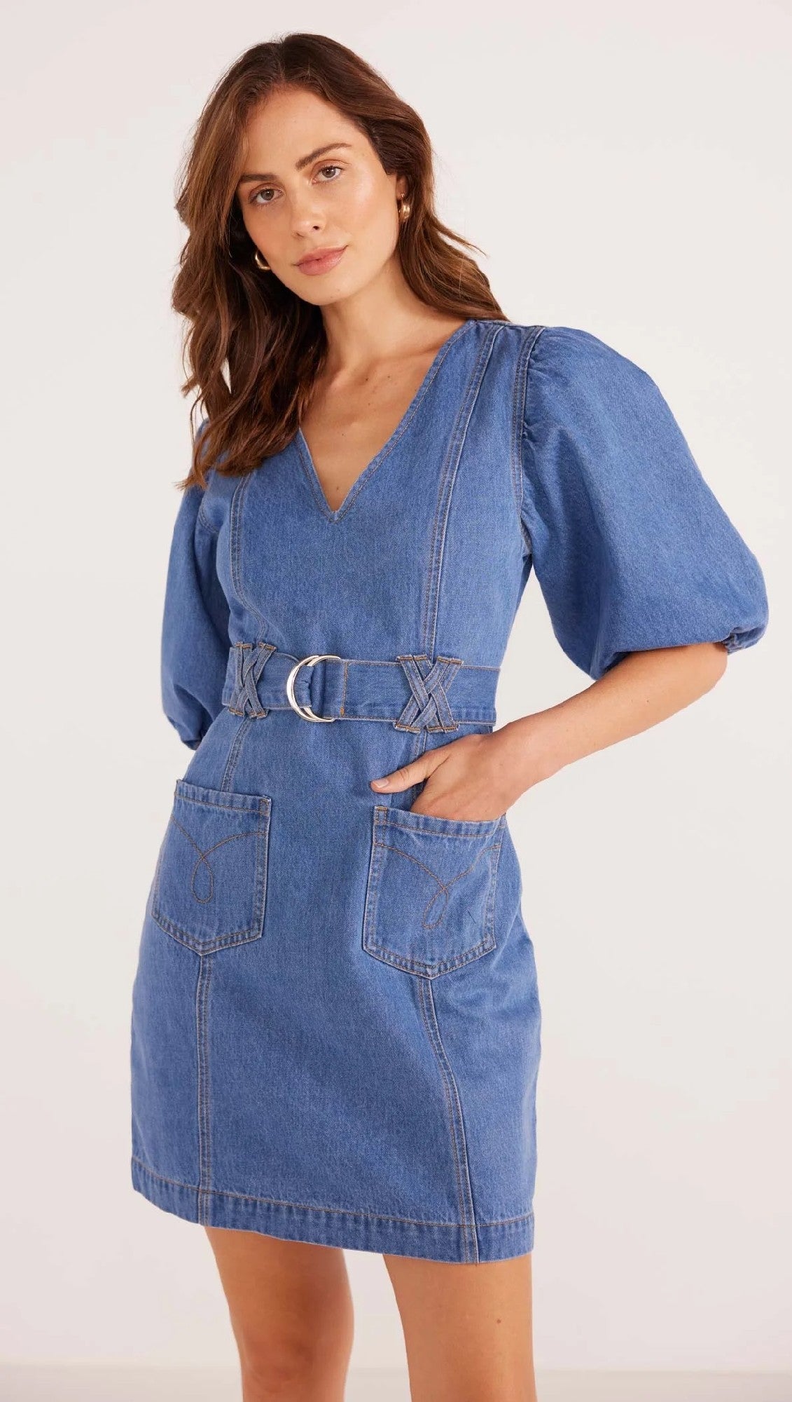 MinkPink Peyton Denim Mini Dress [COLOUR:Denim blue SIZE:S]