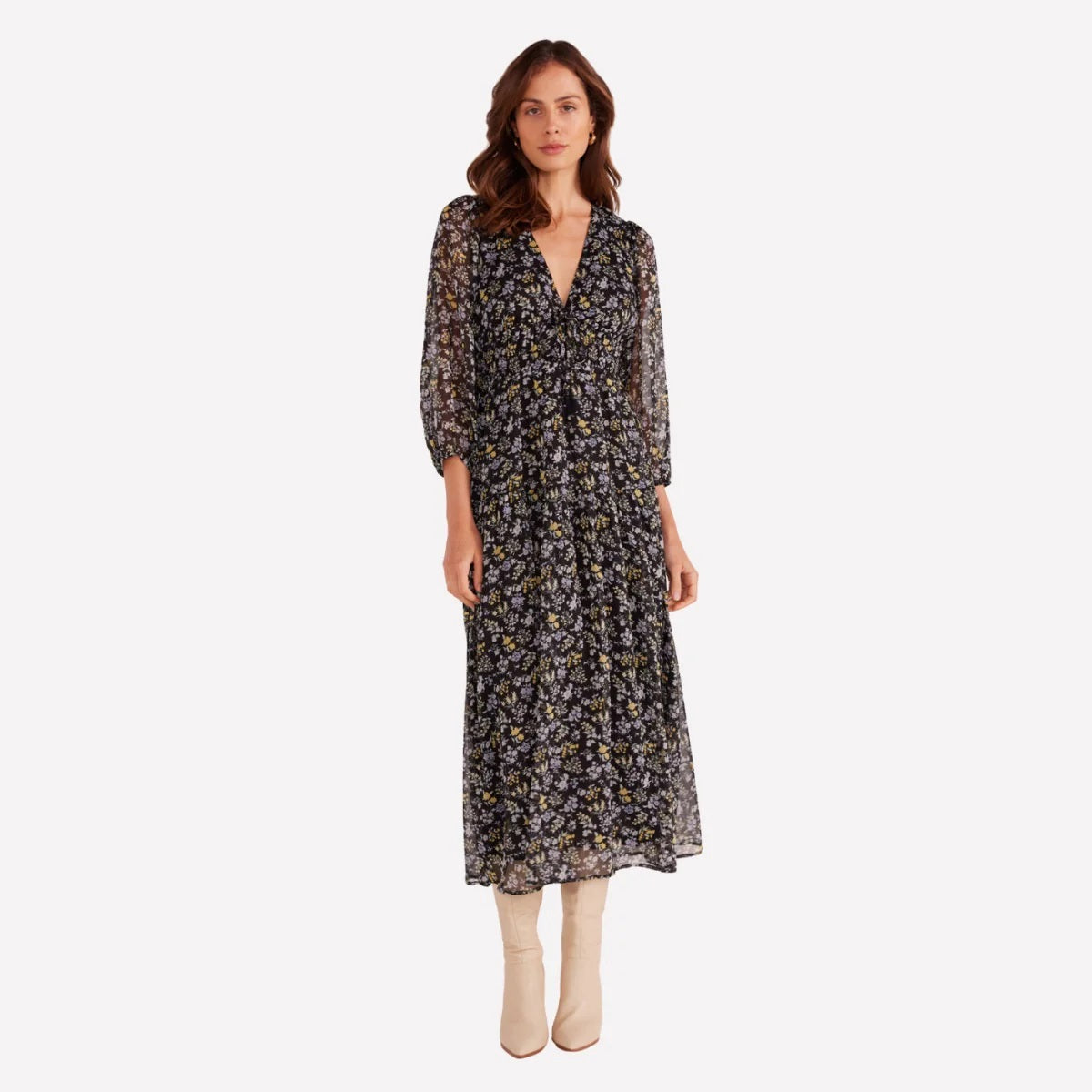MinkPink Taylee Long Sleeve Midi Dress [COLOUR:Midnight Ditsy SIZE:S]