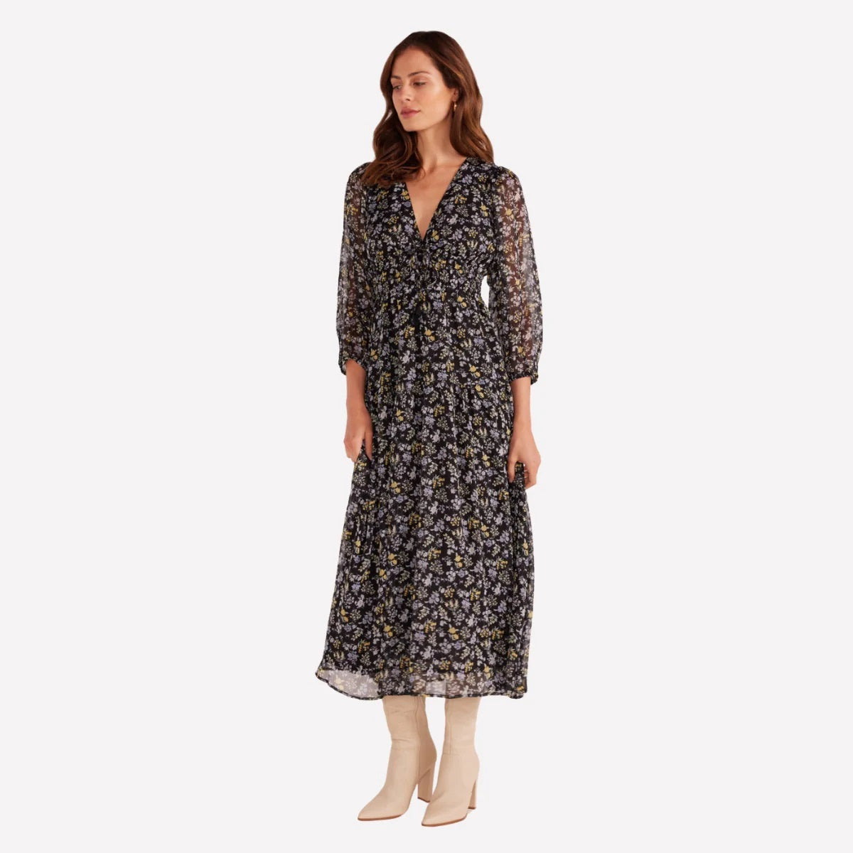 MinkPink Taylee Long Sleeve Midi Dress [COLOUR:Midnight Ditsy SIZE:S]