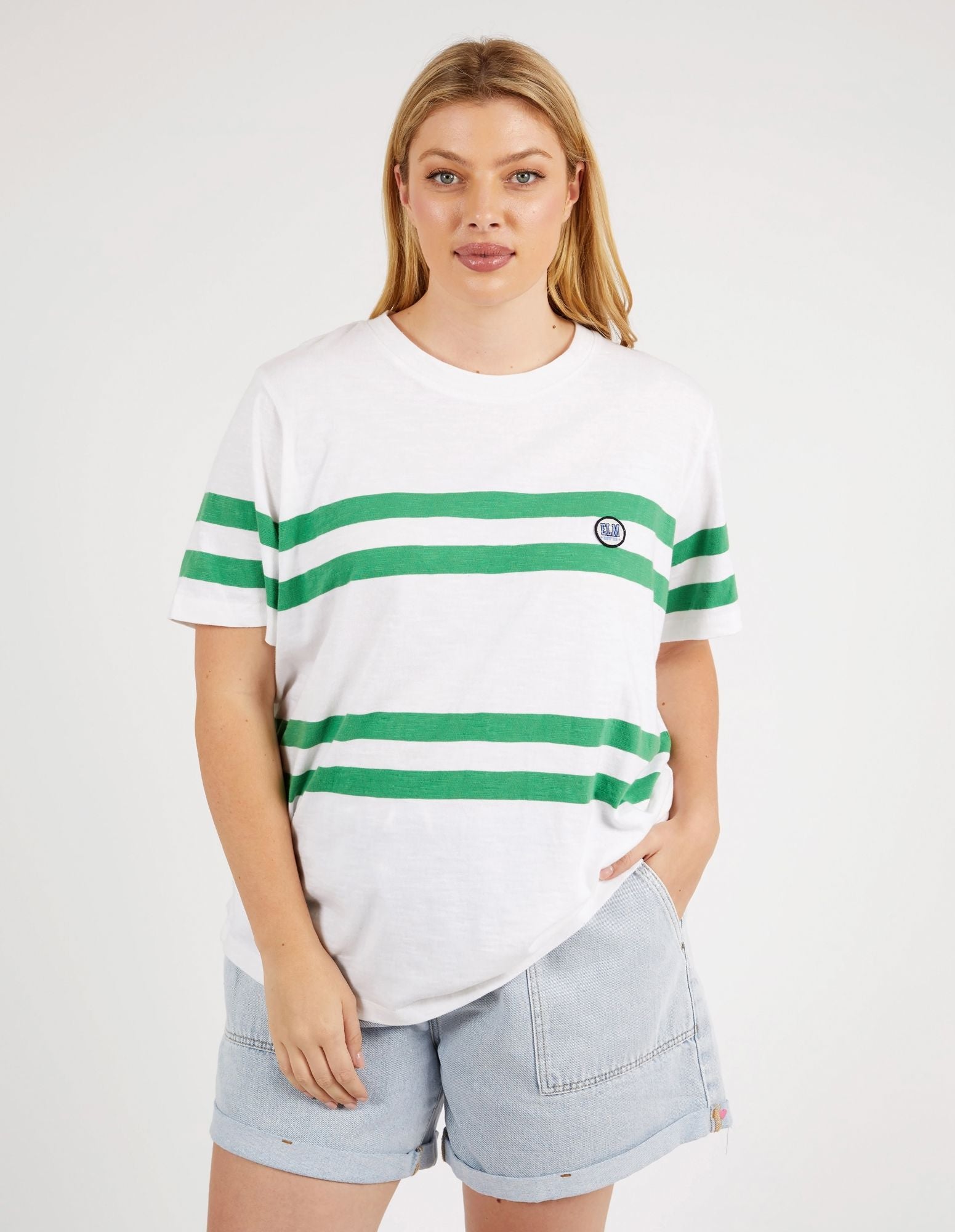 Elm Allegra S/S Tee [COLOUR:White & Green Stripe SIZE:8]