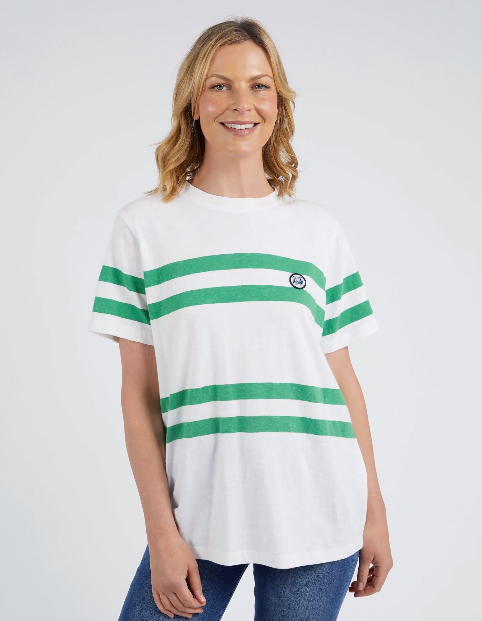 Elm Allegra S/S Tee [COLOUR:White & Green Stripe SIZE:8]