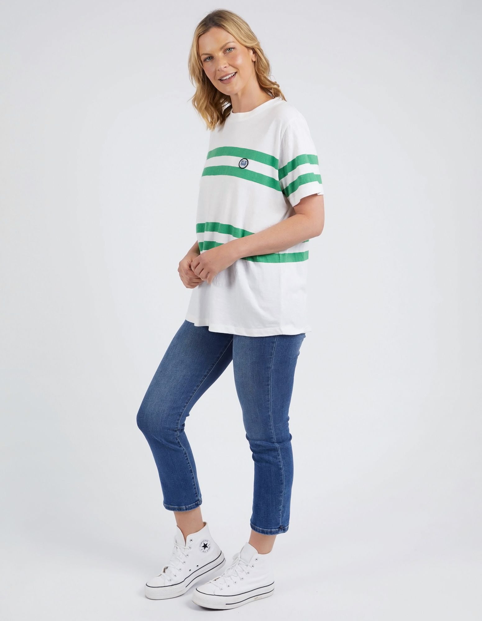 Elm Allegra S/S Tee [COLOUR:White & Green Stripe SIZE:8]