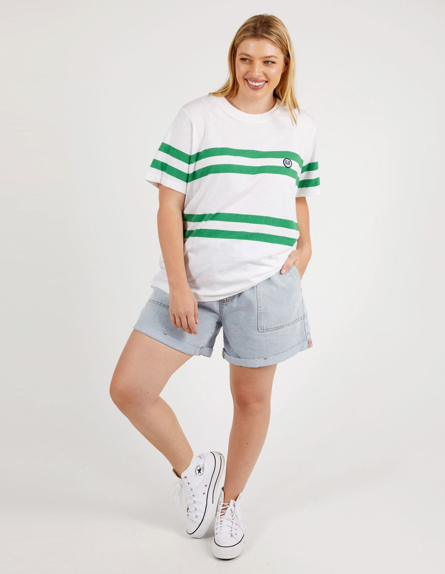 Elm Allegra S/S Tee [COLOUR:White & Green Stripe SIZE:8]