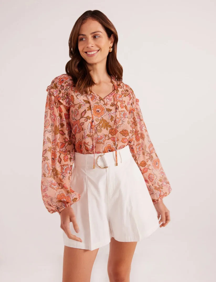 MinkPink Amelia Long Sleeve Blouse [COLOUR:Peach Floral SIZE:XS]