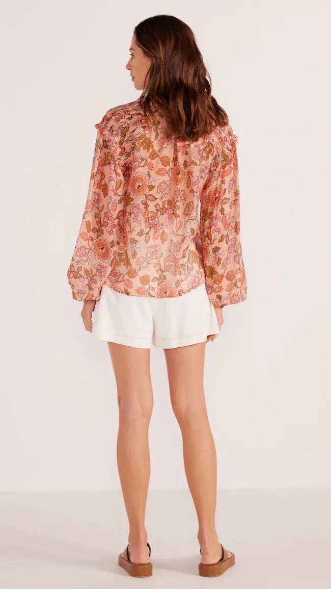 MinkPink Amelia Long Sleeve Blouse [COLOUR:Peach Floral SIZE:XS]