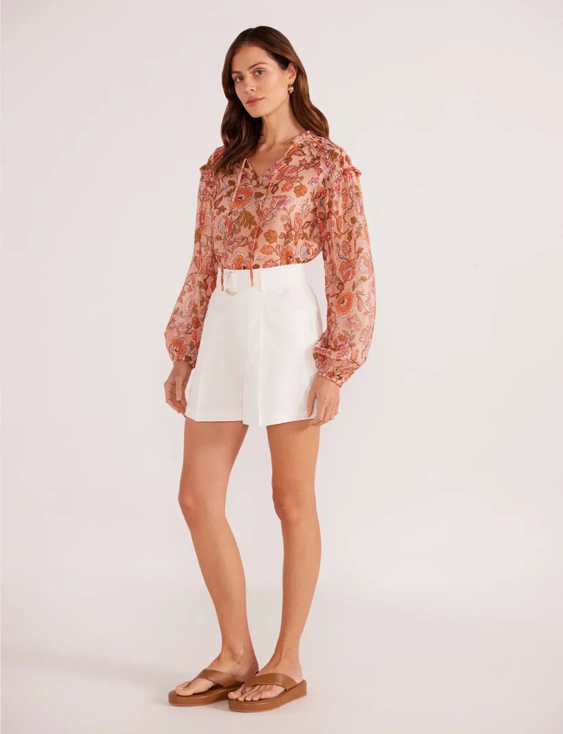 MinkPink Amelia Long Sleeve Blouse [COLOUR:Peach Floral SIZE:XS]