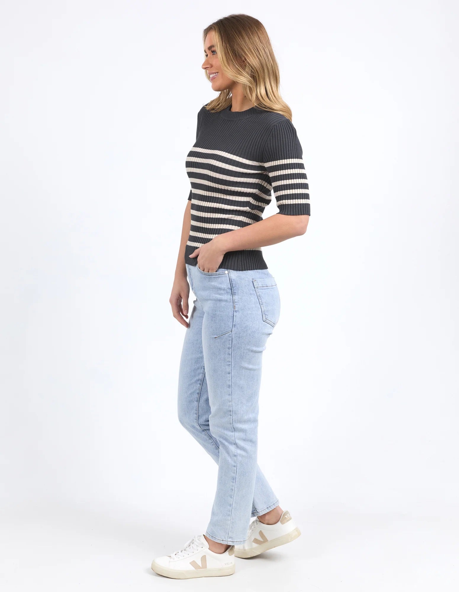 Foxwood Sydney Top | Gray Women's Striped Knit Sweater | Little Extras Lifestyle | Forbes Women's Clothing Boutique