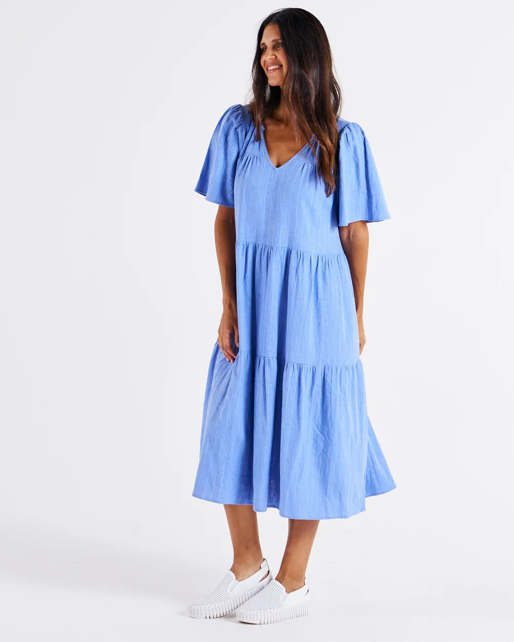 Betty Basics Regina Linen Dress [COLOUR:Berry Blue Stripe SIZE:8]