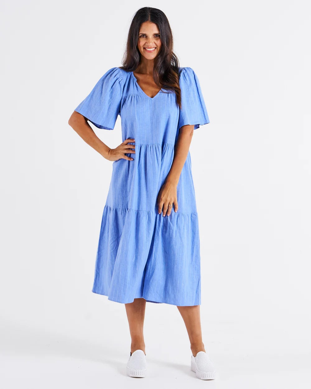 Betty Basics Regina Linen Dress [COLOUR:Berry Blue Stripe SIZE:8]