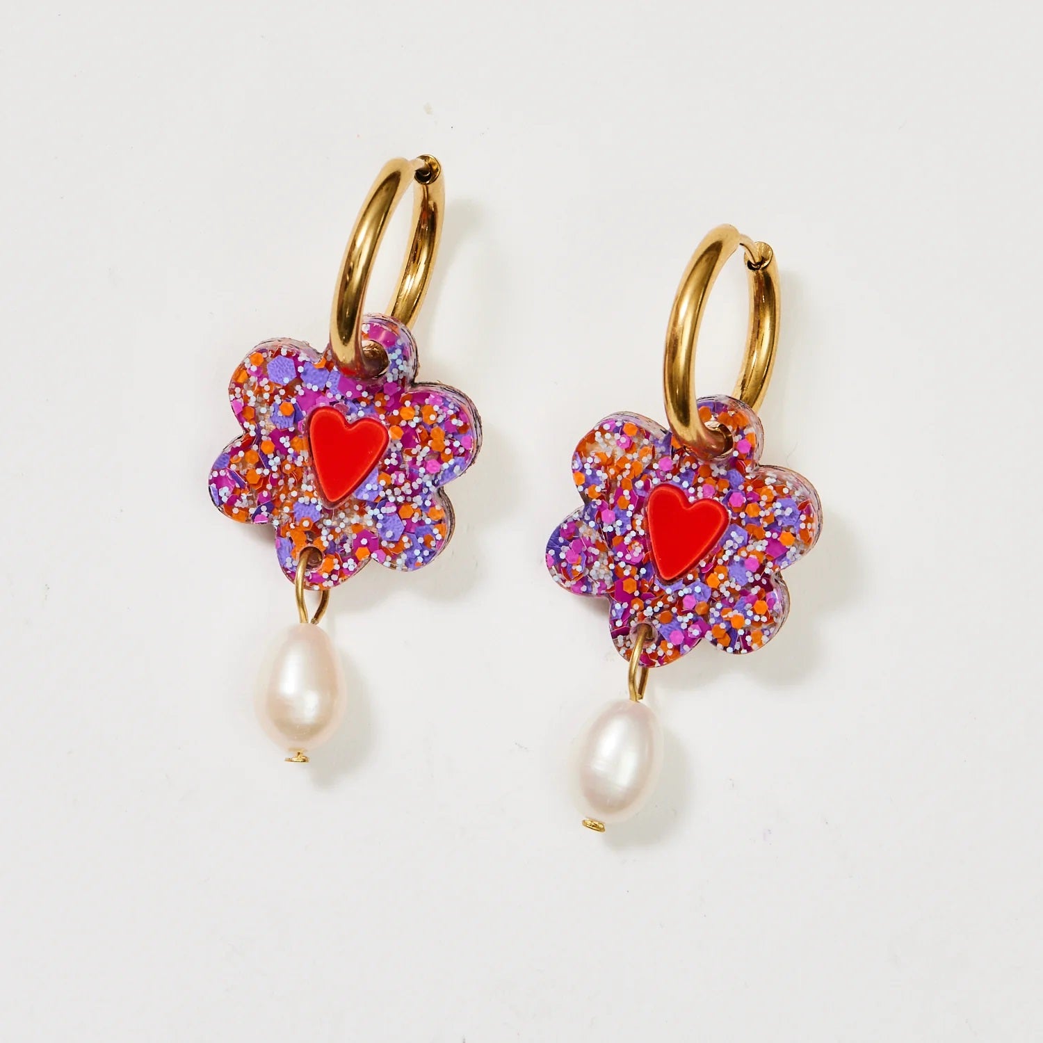 Martha Jean Heart Flower & Pearl Earrings [COLOUR:purple/orange]