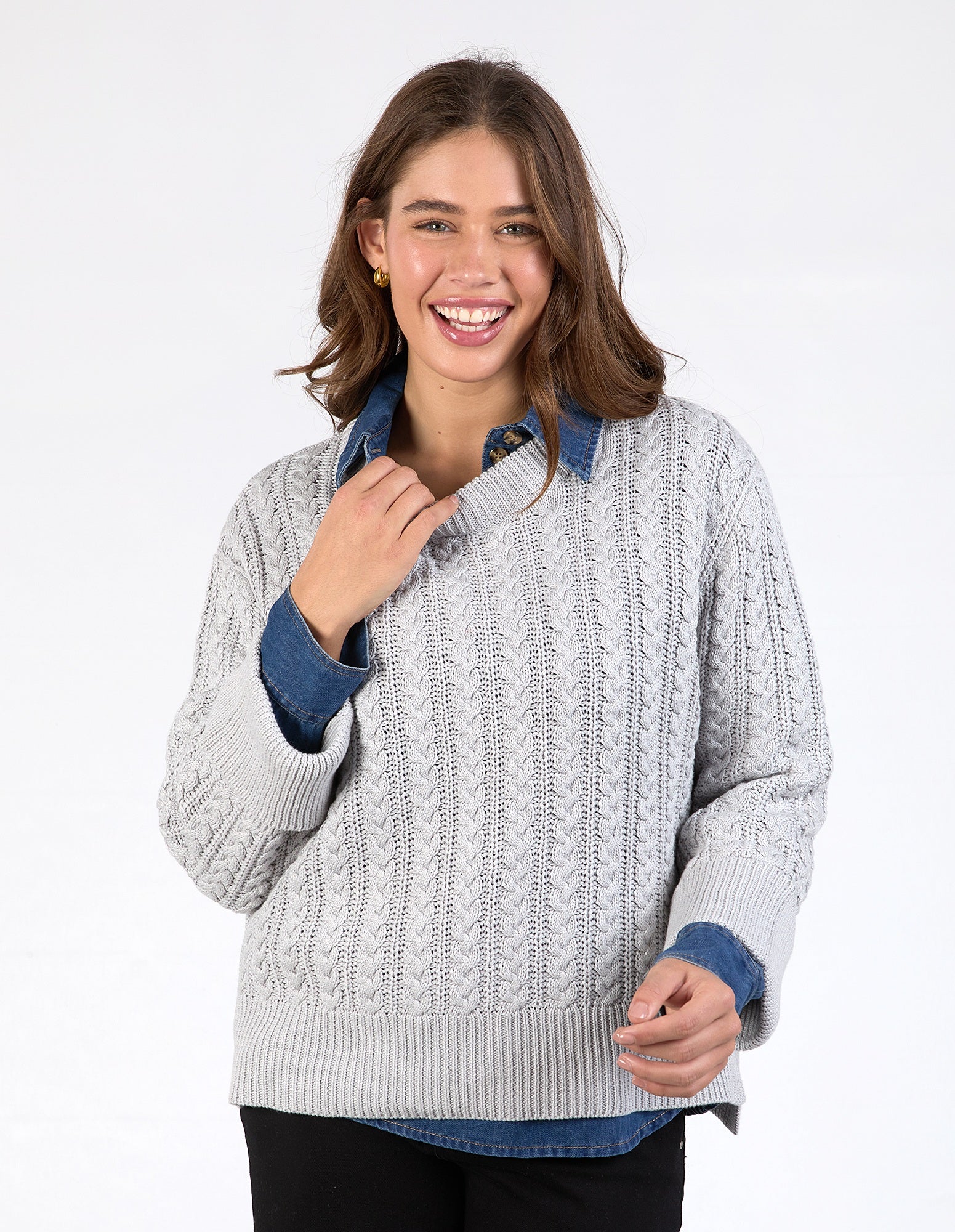 Elm Remi Cable Knit [COLOUR:Grey marle SIZE:S]