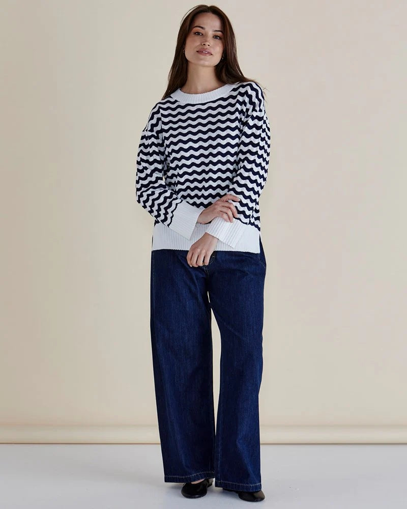 Betty Basics Ember Knit Jumper [COLOUR:navy wave stripe SIZE:8]