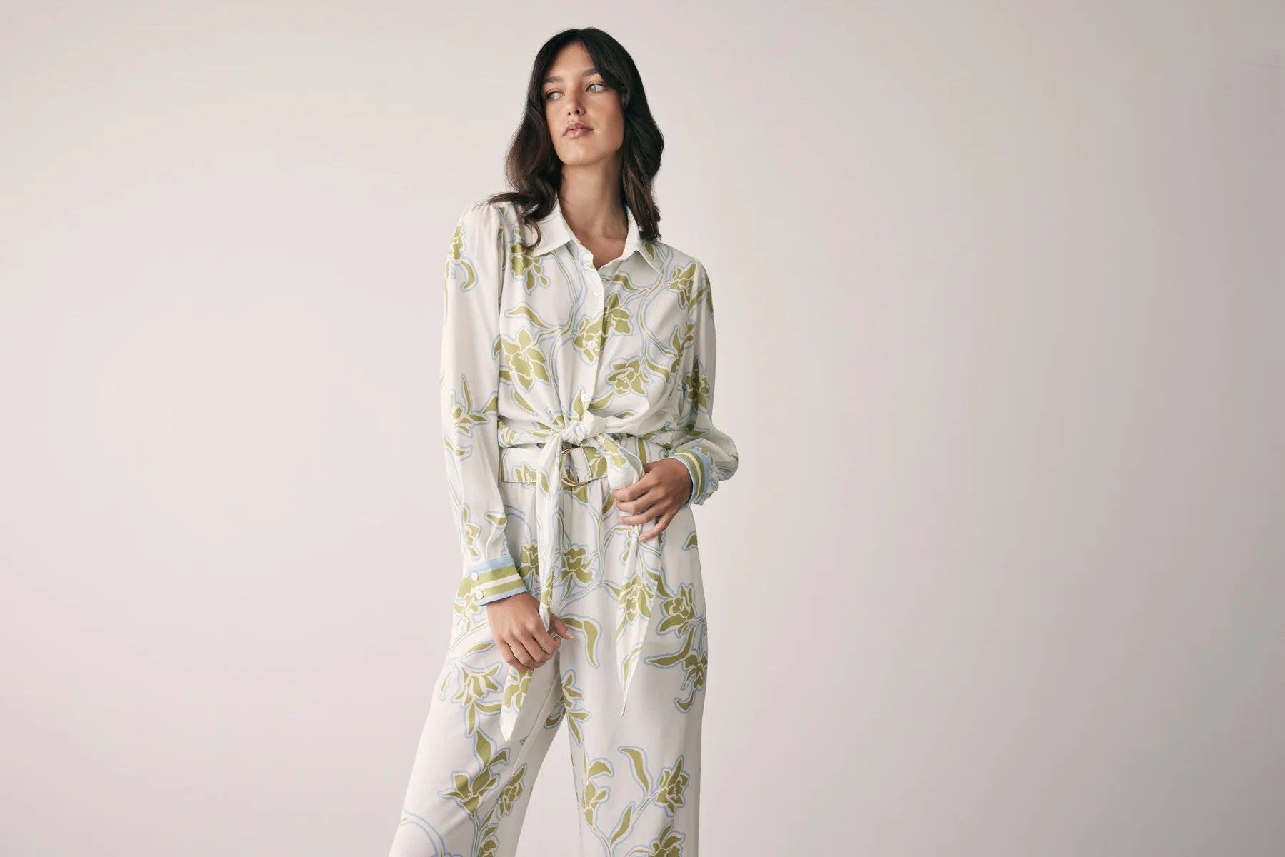 Esmaee Tranquility Tie Shirt [COLOUR:Olive Floral SIZE:XS]
