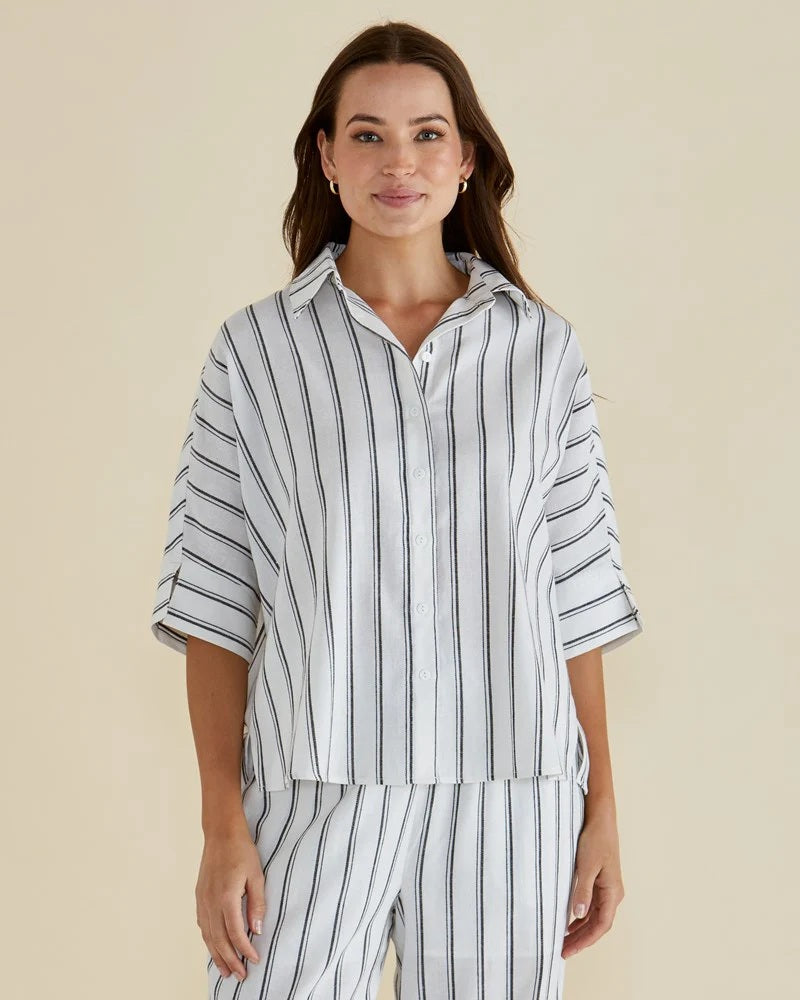 Betty Basics Lynwood Linen Shirt [COLOUR:Black/white stripe SIZE:8]