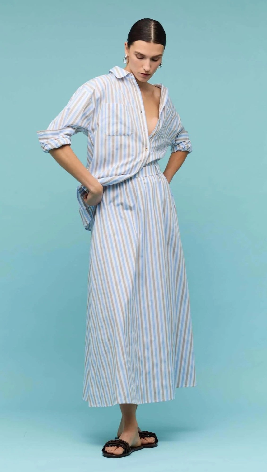 Staple The Label Marcella Oversize Shirt [COLOUR:Blue/Brown Stripe  SIZE:S]