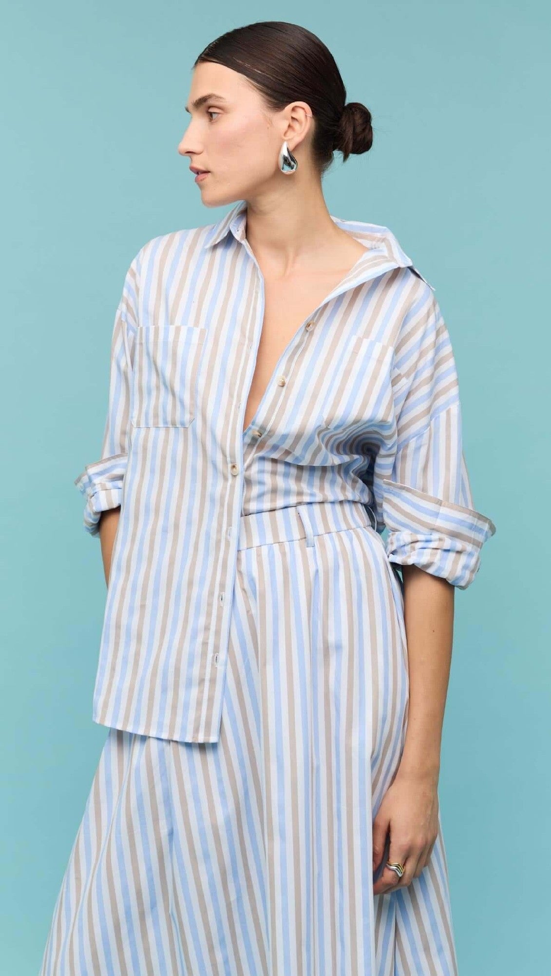 Staple The Label Marcella Oversize Shirt [COLOUR:Blue/Brown Stripe  SIZE:S]