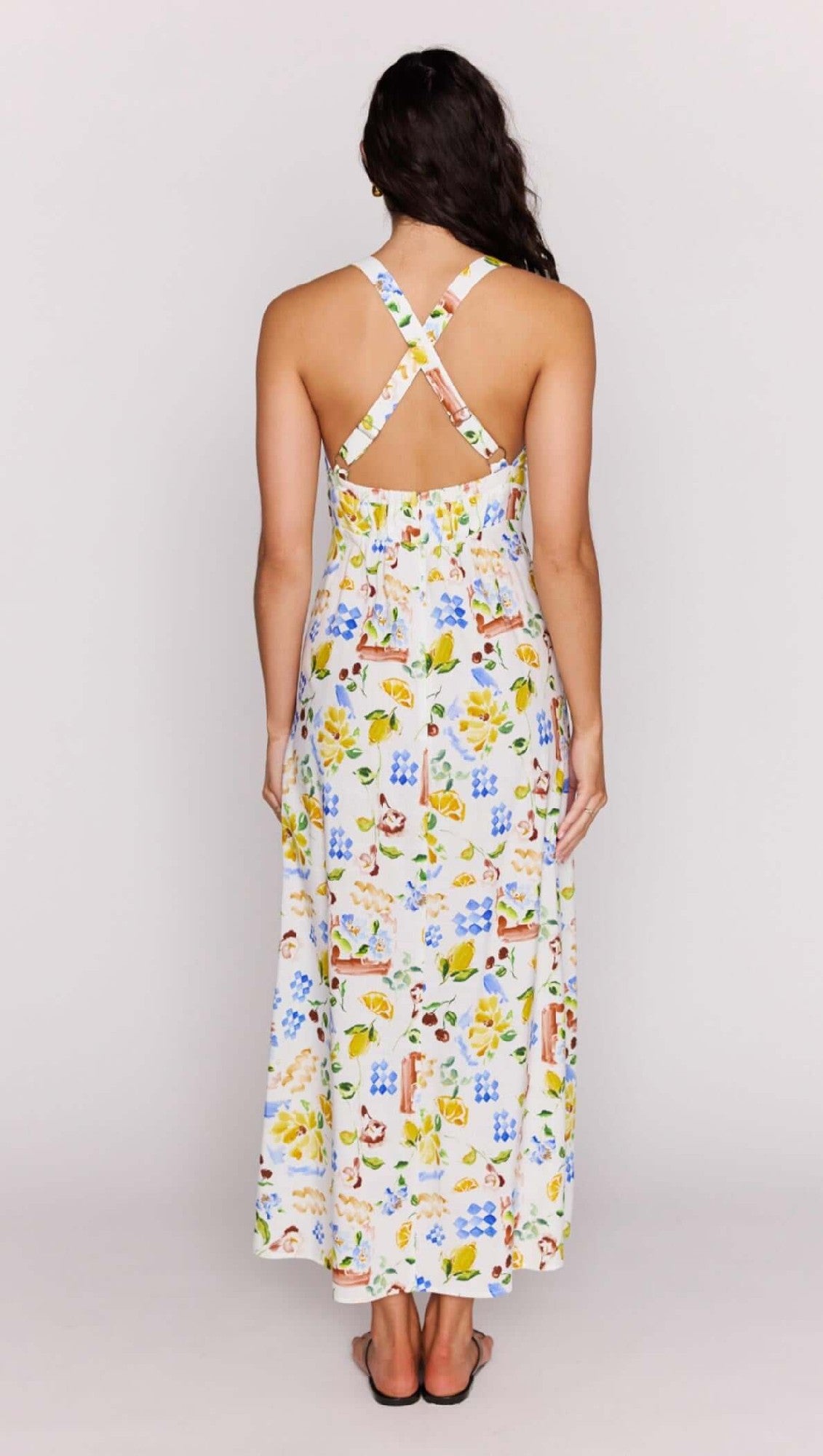 MinkPink Riviera Cross Back Midi dress [COLOUR:Picnic print SIZE:XS]