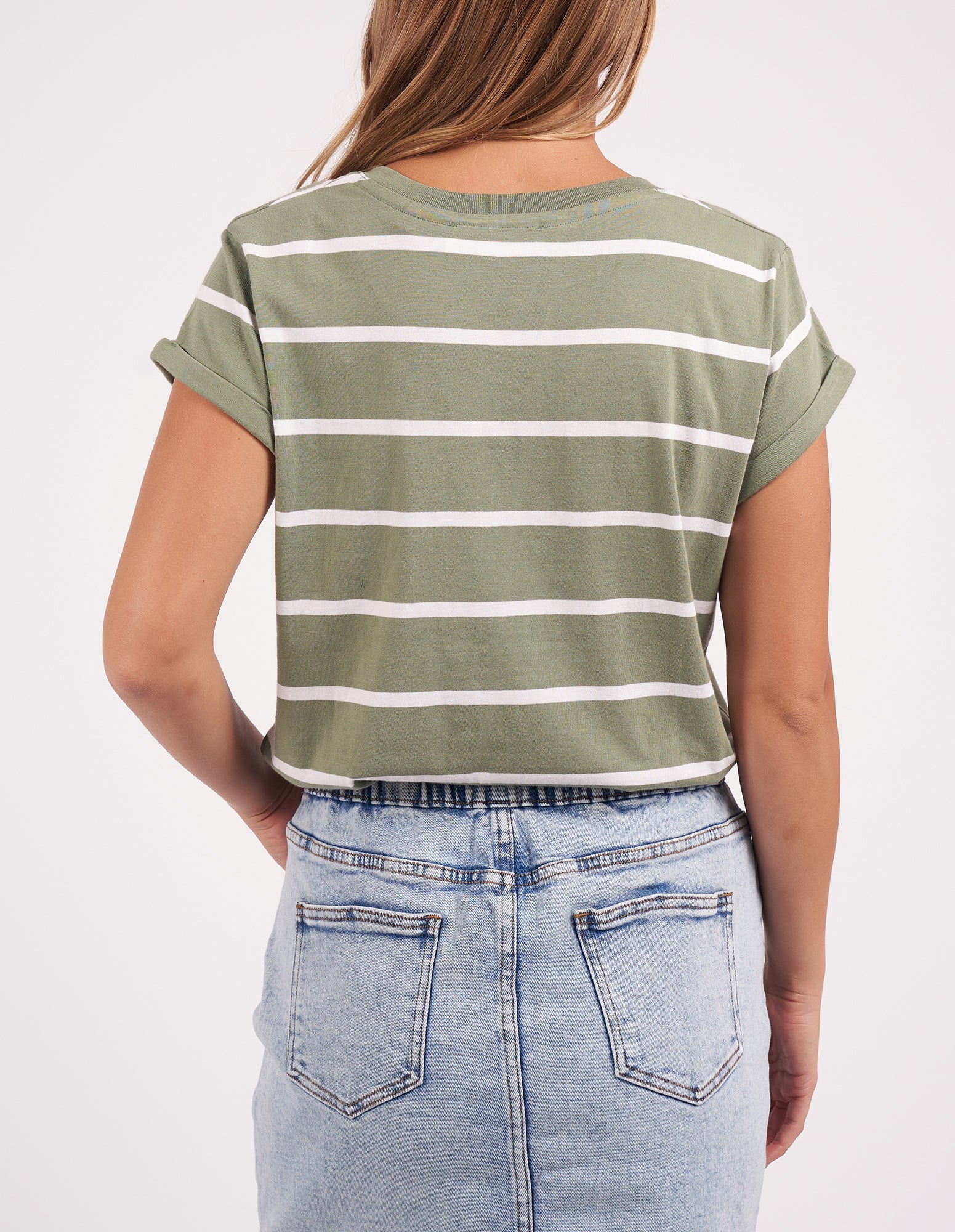 Foxwood Manly Stripe Vee Tee [COLOUR:Sage /white stripe SIZE:8]