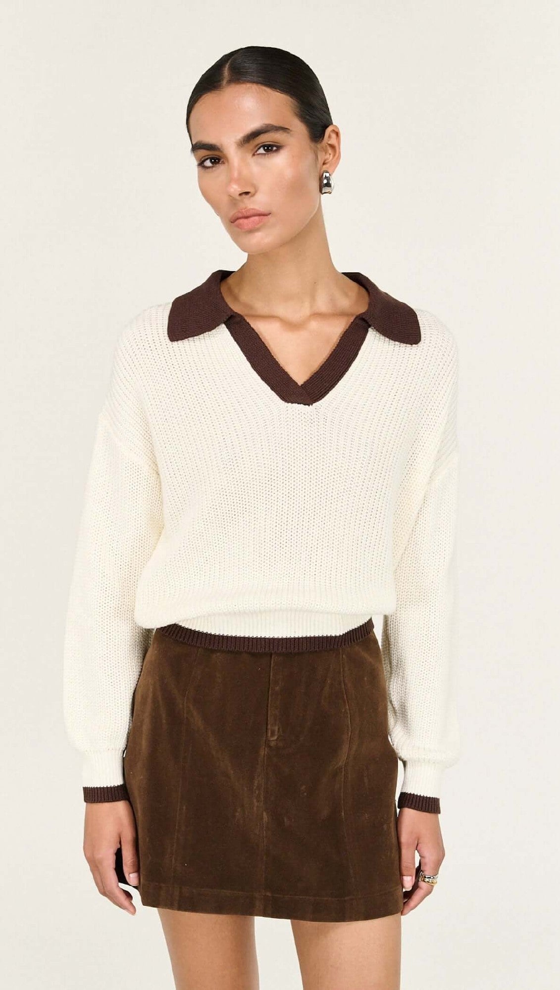Staple the Lable Daria Polo Jumper [COLOUR:off white /chocolate SIZE:XS]