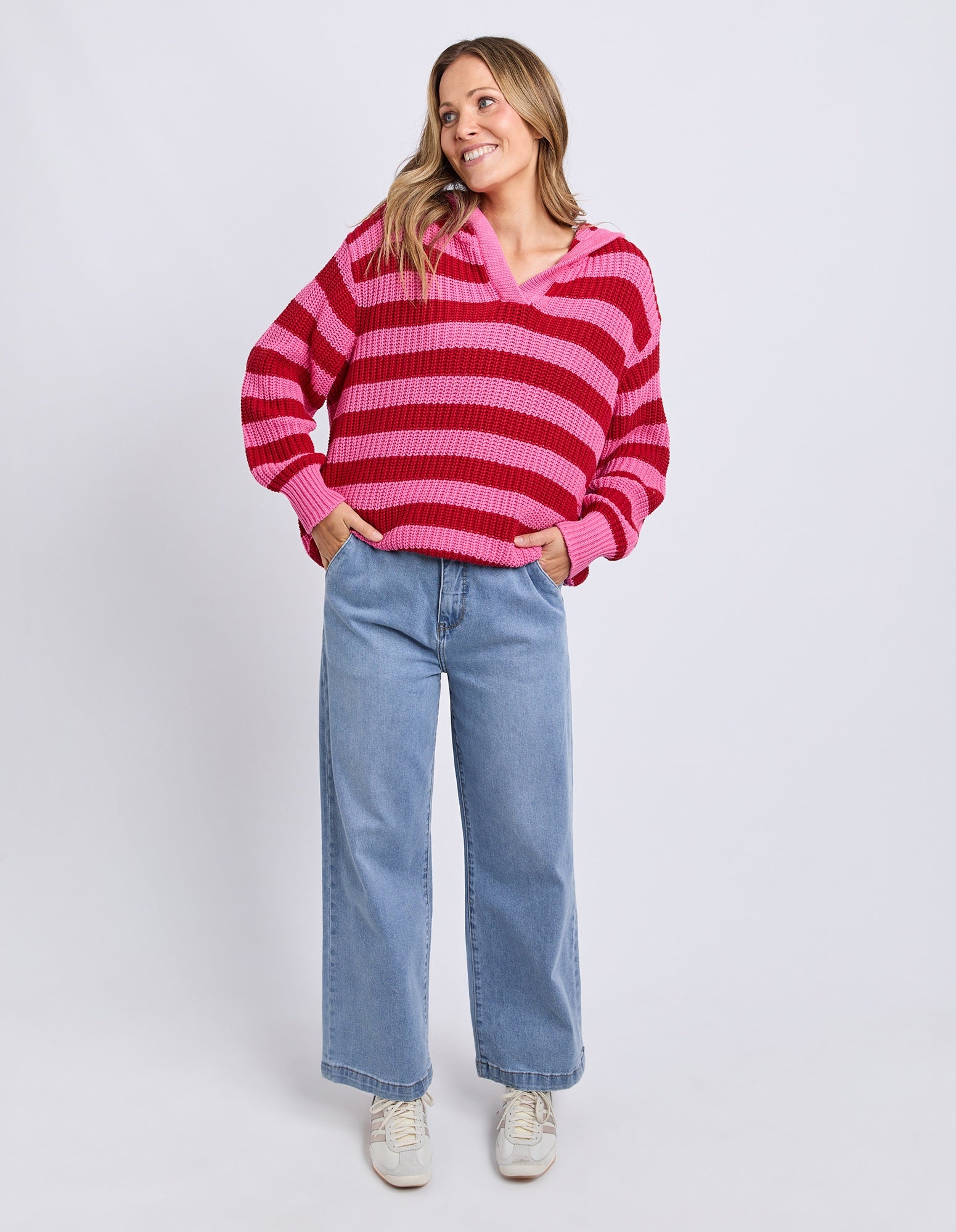 Elm Stripe Hooded Knit [COLOUR:Cranberry stripe SIZE:S]