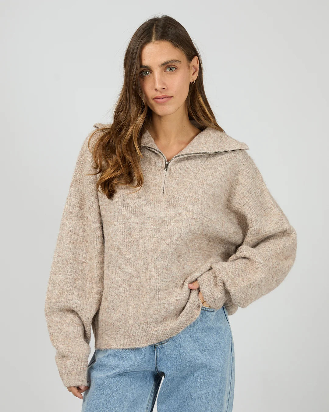 Silent Theory Bonni Knit Quarter Zip jumper [COLOUR:Brown SIZE:8]