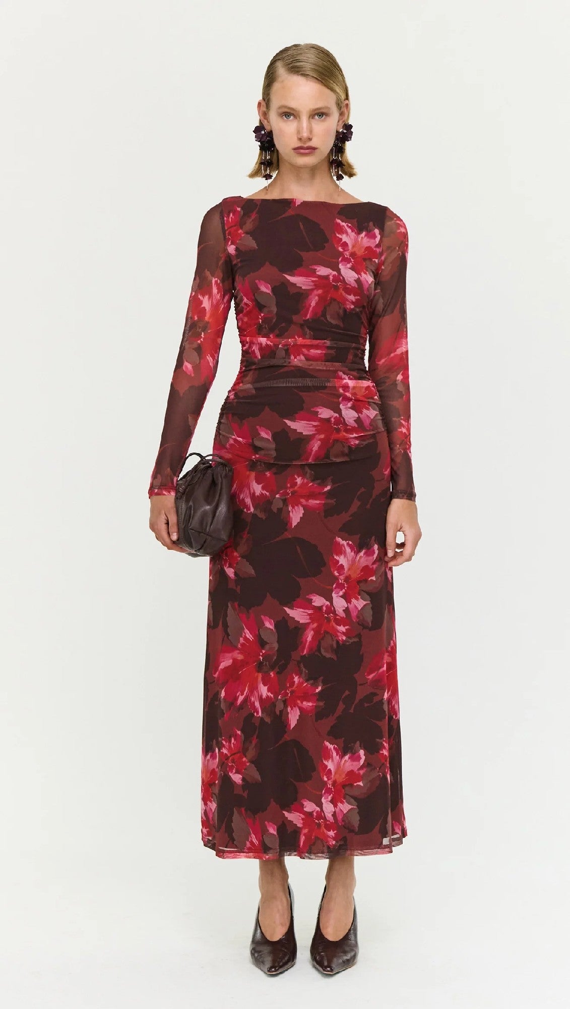 Staple The Lable Amyra Mesh Midi Dress [COLOUR:Bordeax Garden SIZE:S]