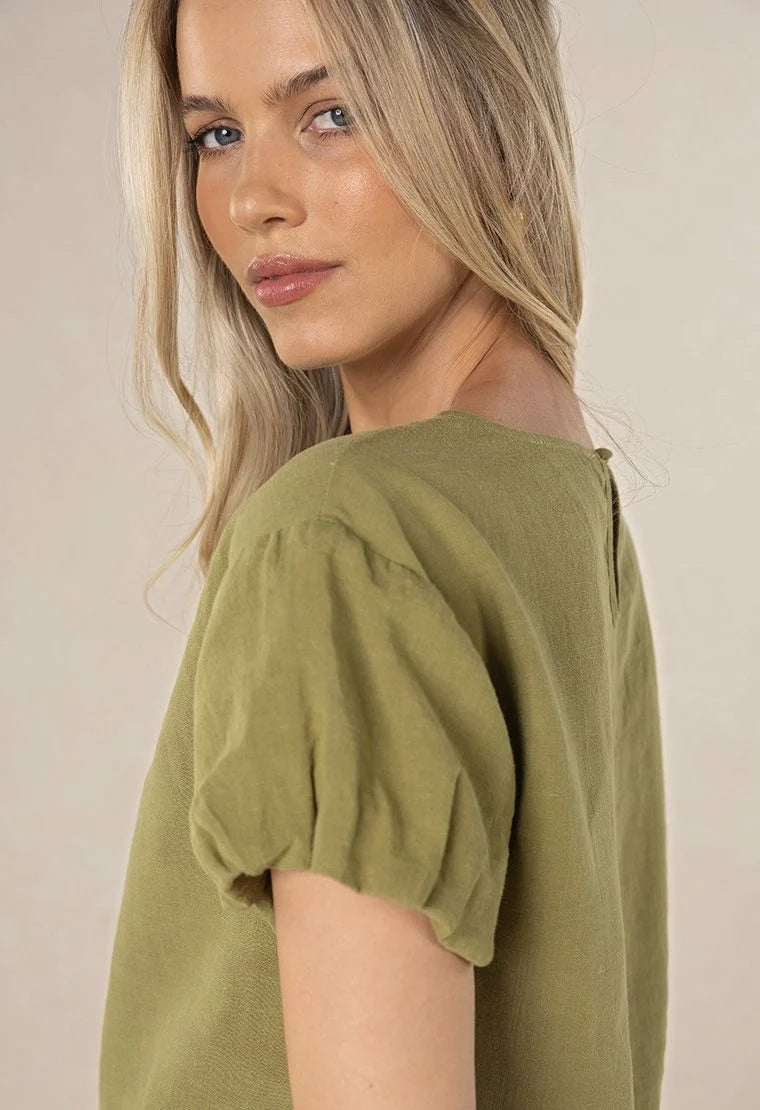 Humidity Olive Women’s Top with Gathered Puff Sleeves