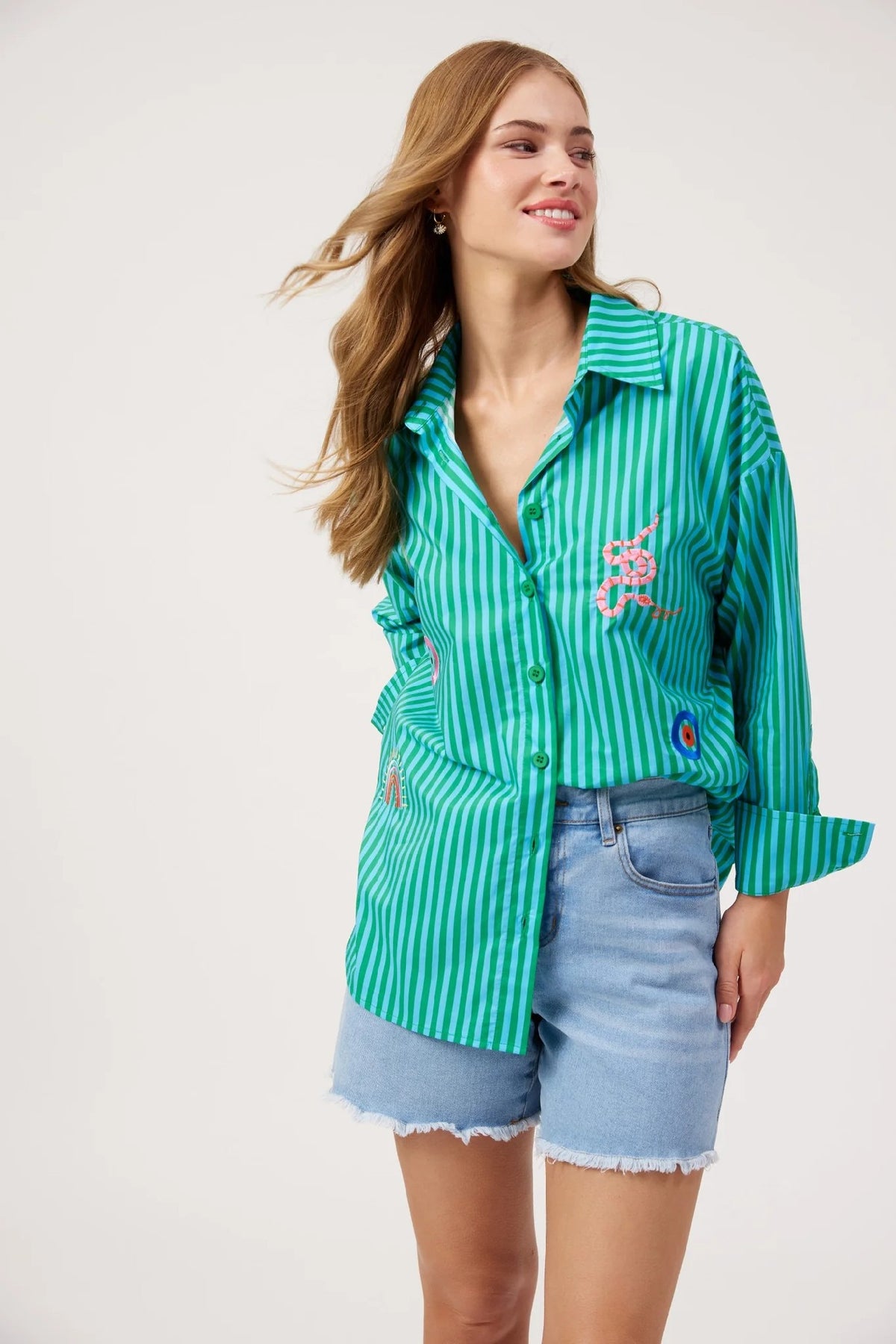 Haven Mykonos Embroidered Stripe Shirt [COLOUR:Green SIZE:S]