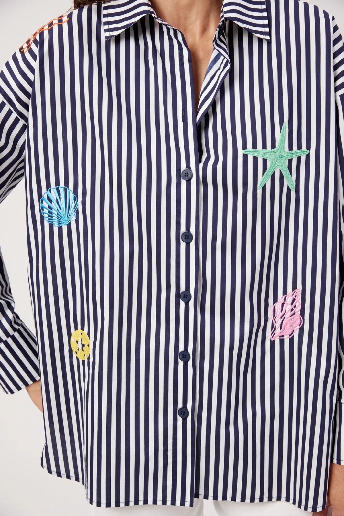 Haven Mykonos Embroidered Stripe Shirt [COLOUR:Navy SIZE:M]