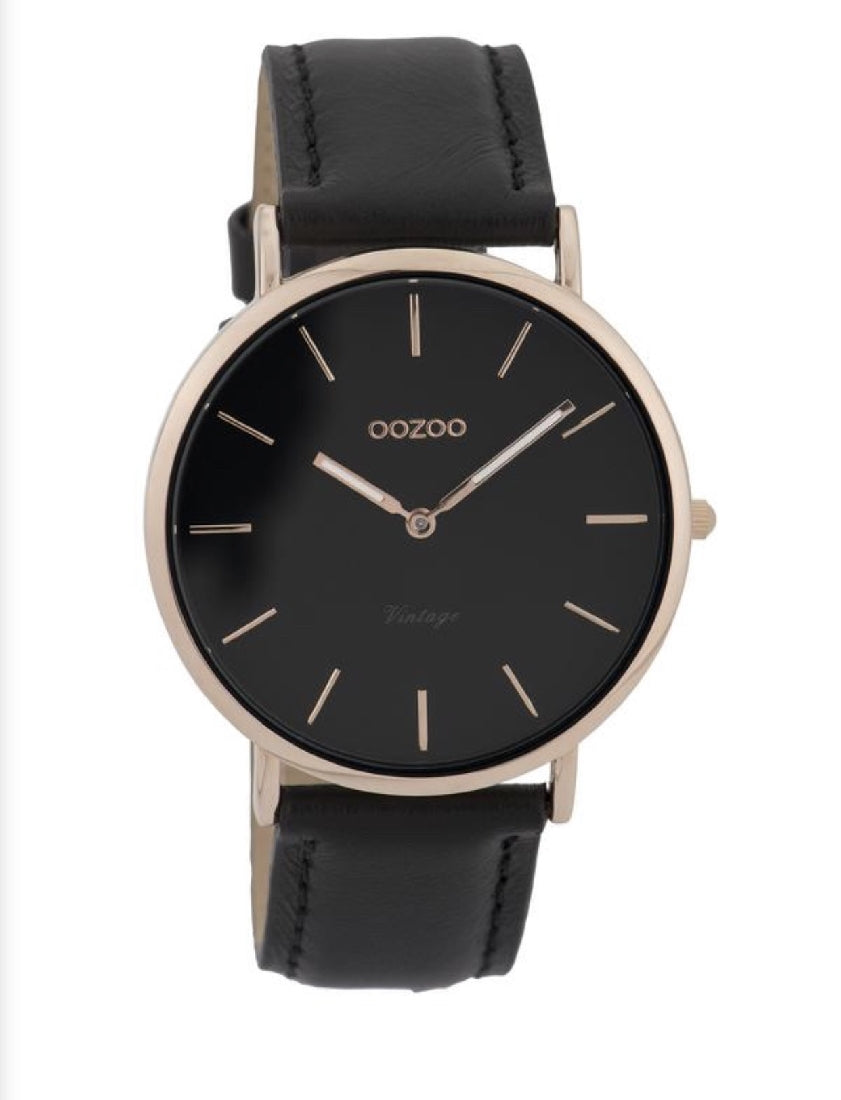 OOZOO Watch 40mm Black Face + Rose Gold Case + Black Leather Band