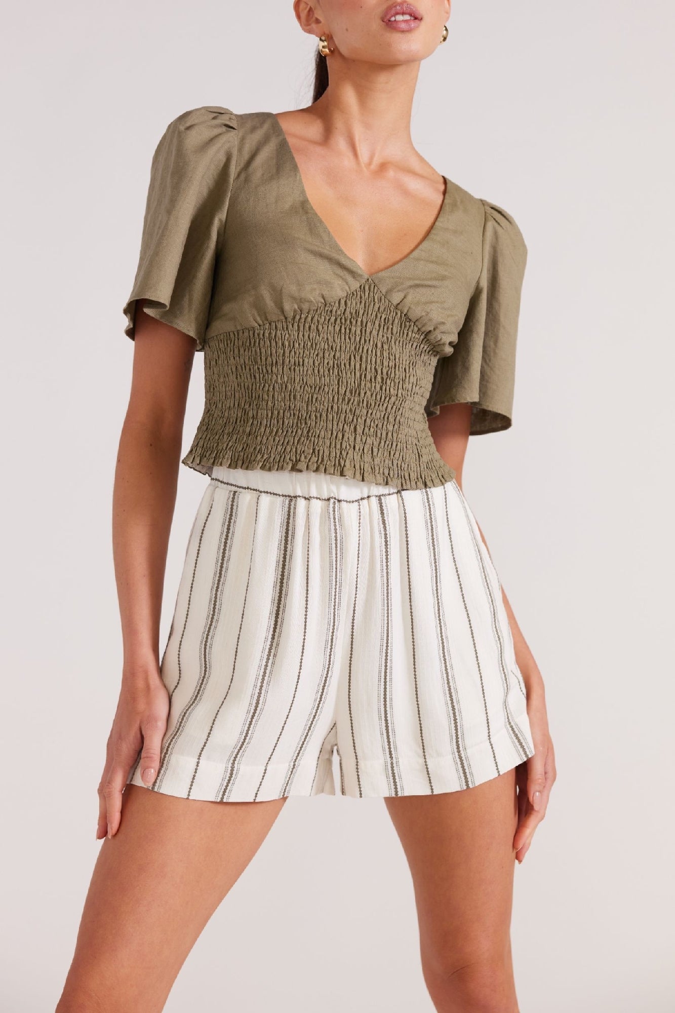 Staple The Label Lucia Shirred Blouse [COLOUR:Khaki SIZE:8]