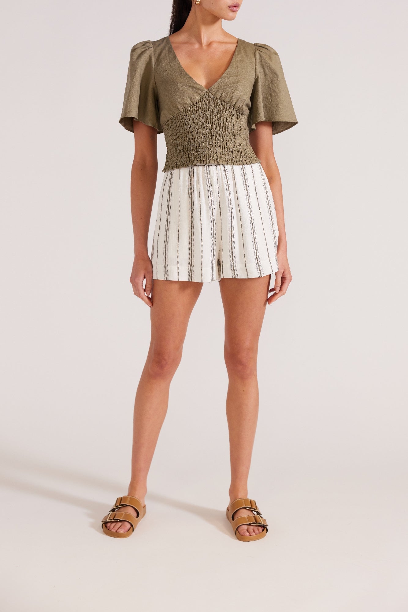 Staple The Label Lucia Shirred Blouse [COLOUR:Khaki SIZE:8]