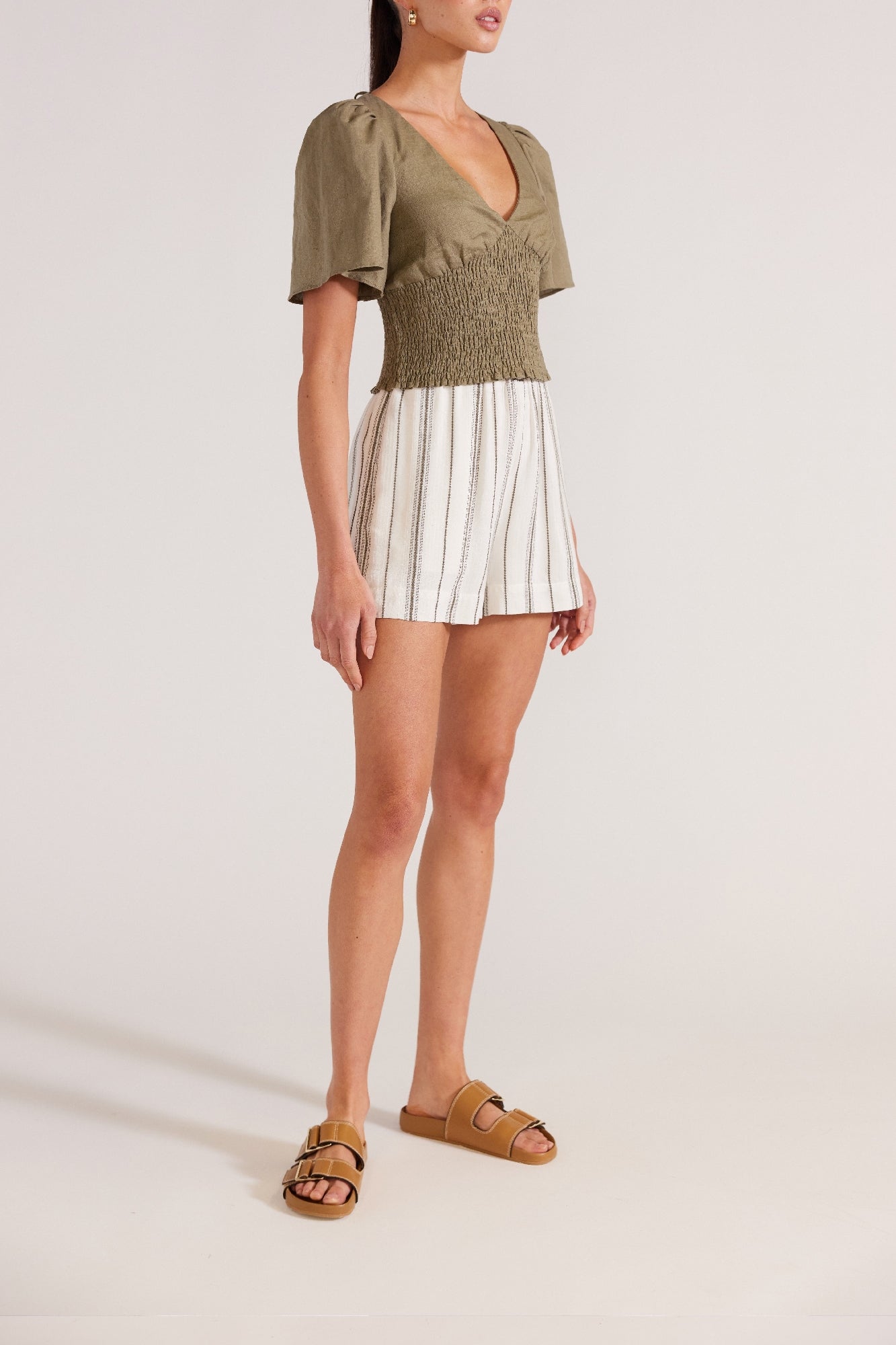 Staple The Label Lucia Shirred Blouse [COLOUR:Khaki SIZE:8]