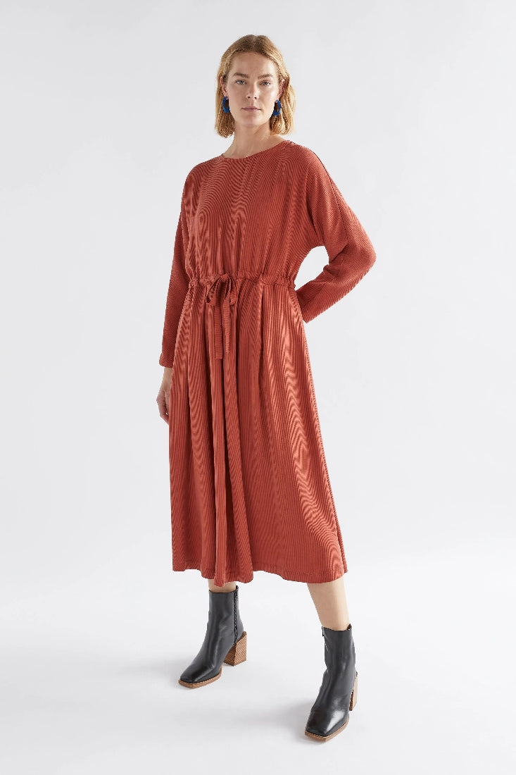 Elk Sira Long Sleeve Midi Dress with Waist Tie – Rust