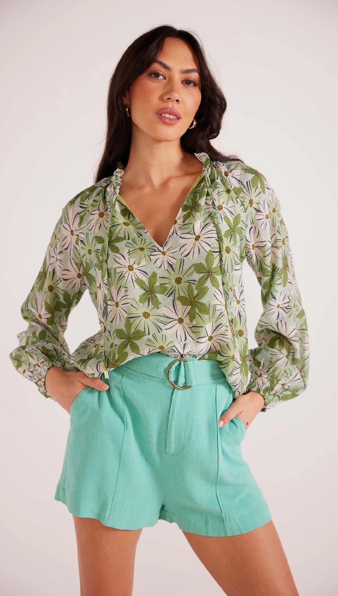 MinkPink Margaux Blouse [COLOUR:Green/White Floral SIZE:S]