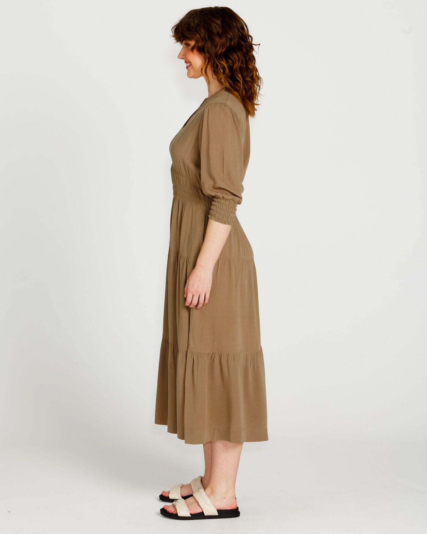 Sass Portia Elastic Waisted Dress [COLOUR:Khaki SIZE:8]