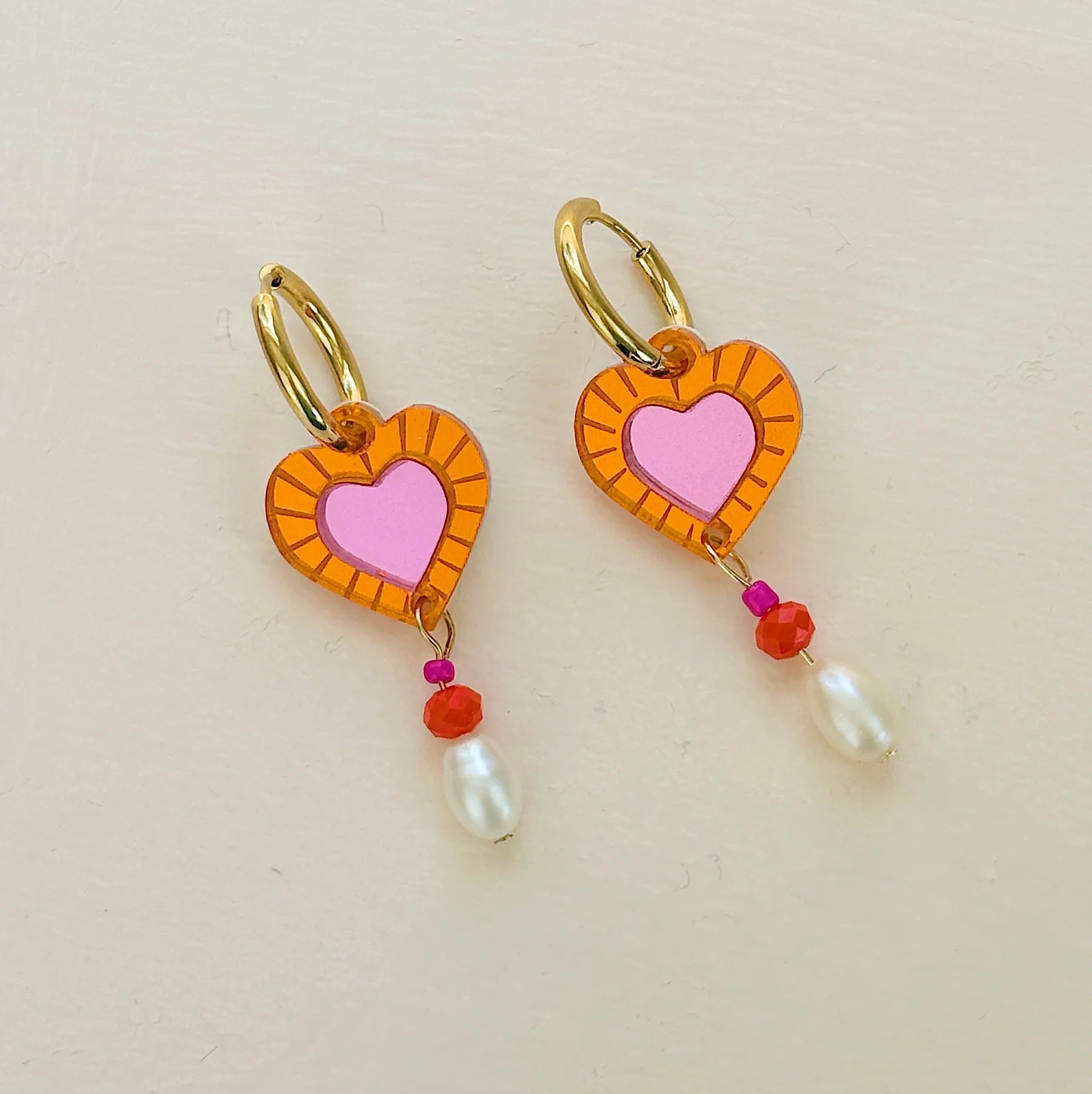 Martha Jean Heart and Bead Earrings - Pink/Orange