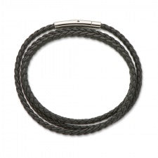 Palas Fine Black Leather Plaited Wrap Bracelet 55cm