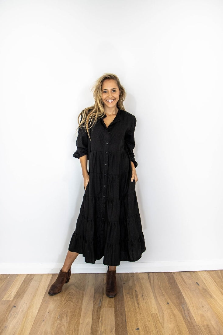 Carbon Myla Tiered Linen Dress - Little Extras Lifestyle Boutique